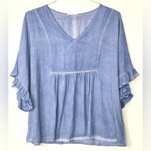 New Lightweight Chambray Blue Ruffle flutter Sleeve Women's Top